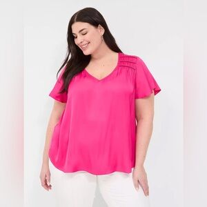 NWT - Lane Bryant Satin Smocked-Shoulder Blouse in Hot Pink - Size 26/28